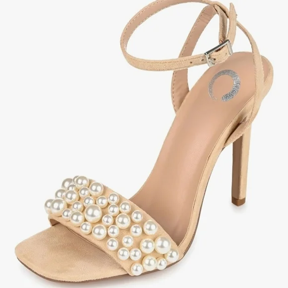 Journee Collection Tan Beige Microsuede Pearl Heel Sandals SZ 9.5 M - Picture 5 of 11